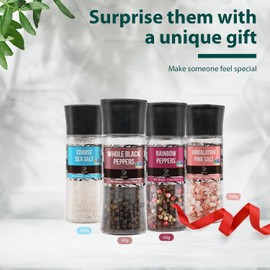 Soeos Black Peppercorns + White Sea Salt + Rainbow Peppercorns + Pink Salt, 9.8oz(277.82g) Spice Total, Grinder Set with Spice Included, Gourmet Gifts, Salt and Pepper Set, Spice Set.