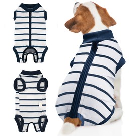 BENCMATE Dog Recovery Suit - Professional Pet Zip Up Onesie with Abdominal Wound Bandages, Substitute E-Collar & Cone (Large, Breton Stripes)
