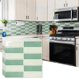 STICKGOO 10-Sheet Peel and Stick Backsplash Tiles, 12"×12" Self Adhesive Stick on Tiles, Adhesive Backsplash Tiles for Kitchen Bathroom Laundry Room Camper (Green&White)