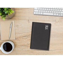 2026 A4 Diary Week Day Per Page - Black Appointment Book Hourly Slots - Faux Leather Business Daily Planner Organiser - Office Desk Home
