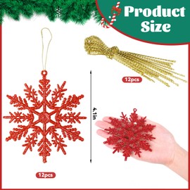 VEYLIN Christmas Hanging Decorations, 12PCS Christmas Glitter Snowflake Ornaments Christmas Trees Hanging Decorations (Red)