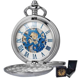Kchss Mechanical Roman Numerals Dial Skeleton Pocket Watches with Luxury Wooden Box and Chains for Mens Women Silver Blue