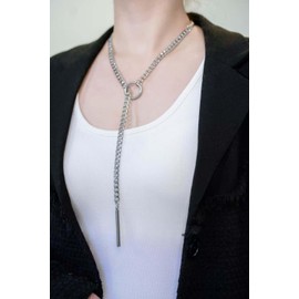 KOFISNI Black Stain Steel Lariat Y Necklaces Wrap Choker Necklace Punk Gothic Bar Pendant Cuban Link O Ring Long Black Necklaces Adjustable Slip Chain Necklace jewelry gift for women ﻿ (Silver)