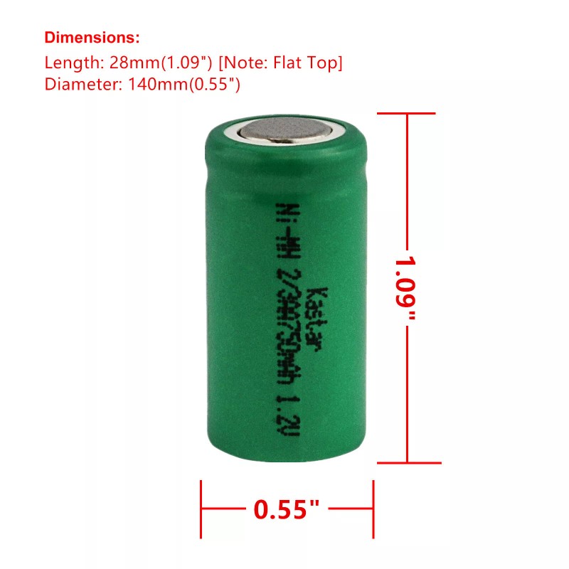 Kastar 2/3AA 1.2V 750mAh Flat Top Rechargeable Battery For LED