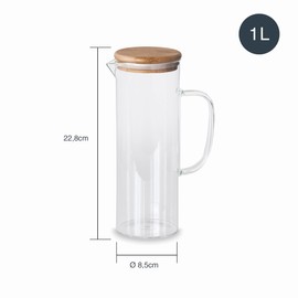 Lacor - 61953 - Brocca d'acqua in vetro borosilicato - Piano in bambù - filtro filtro - Perfetto per limonata, caffè freddo, tè - lavabile in lavastoviglie - 1L.