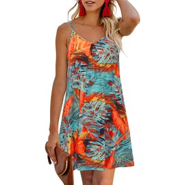 ULTRANICE Summer Dresses for Women 2025 Spring Casual Sundresses Floral Beach Vacation Wedding Guest Outfits Clothes Cover Ups Mini V Neck Spaghetti Strap Dress(Blue Orange Abstract Floral,M)
