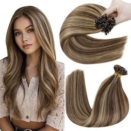 Hetto U Tip Hair Extensions Human Hair Dark Brown Highlights Caramel Blonde Keratin Hair Extensions Brown Human Hair for Women 50s 50g 18in