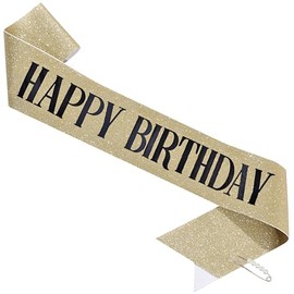LATFZ 'HAPPY BIRTHDAY' Sash with Pearl Pin - Glitter Sash for Women - Happy Birthday Sash for Girls (Gold Black, Large)