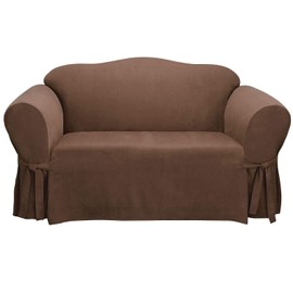 SureFit Home Décor Soft Suede Box Cushion Loveseat One Piece Slipcover, Relaxed Fit, Polyester, Machine Washable, Chocolate Color