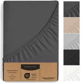 Hausfelder Topper Box Spring Bed Fitted Sheet 180 x 200 to 200 x 200 cm, Jersey Cotton Collection Bed Sheet Cover for 180 x 200 cm to 200 x 200 cm Box Spring Beds Mattresses, Anthracite-Black