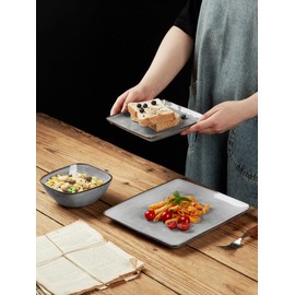 Famiware Dinnerware Sets for 4, Ocean Square 12-Piece Kitchen Plates and Bowls Sets, Reactive Glaze, Microwave and Dishwasher Safe, Scratch Resistant, Grey