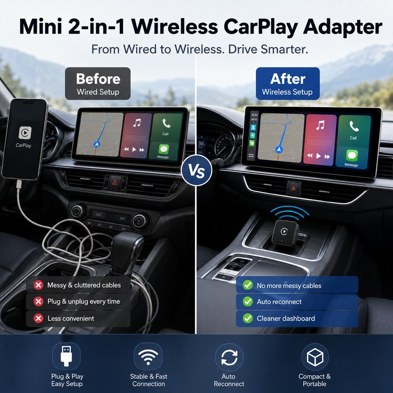 Mini Wireless CarPlay Adapter for Factory Wired Systems – 2-in-1