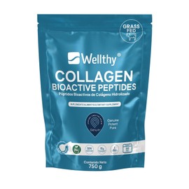 Wellthy Colageno Hidrolizado Puro 750g. Péptidos de Colágeno Bioactivos Genu-In®, 50 Porciones por Envase, 1 Solo Ingrediente, SIN Azúcar, Scoop Incluído, Bottle Free.