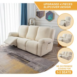 Genina Recliner Cover Stretch Couch Covers, Sofa slipcover for Reclining Couch Thick Jacquard Furniture Protector Washable (Beige, 3 Seat)