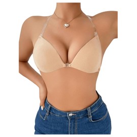 WDIRARA Women's Strapless Bandeau Clear Straps Bras Backless Seamless Soft Bralette Apricot C