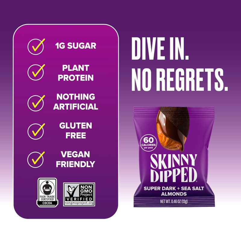 SkinnyDipped Super Dark Chocolate + Sea Salt Almonds, Vegan, Healthy