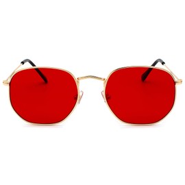 JCTAIFOO Fashion Polygon Sunglasses for Men and Women Lightweight Hexagonal Metal Frame UV400 Protection Glasses, Gold/Red