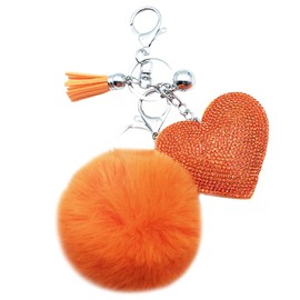 Xsclpomddy Künstliche Kaninchenhaar Pom Pom Schlüsselanhänger Glitzer Kristallstrass Liebesherz Taschen Koffer Rucksäcke Zubehör Charm Auto Schlüsselring,orange