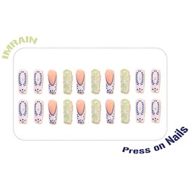 IMRAIN Long Press on Nails Square Fake Nails French Tips Glossy Acrylic Flase Nails with 3D Lime Designs Green Gel Glue on Nails Full Cover Squoval Artificial Stick on Nails for Women 24Pcs