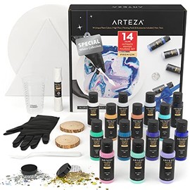 Arteza Acrylic Pouring Paint Kit, 14 Glossy Colors â 8 Pastel & Bright, 3 Iridescent, 3 Metallic, 2 x Stretched Canvas, 2 Wooden Slices, Glitter, and Paint Pouring Accessories for Arts and Crafts