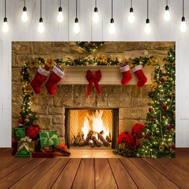 Aisnyho Christmas Backdrop Xmas Fireplace Backdrops Red Sock Gifts for Photo Shooting Decoration Picture Banner Booth Props 7x5ft