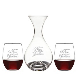 All The Best Mom Get Promoted To Grandma Deep Etched Wine Decanter and 15-ounce Stemless Wine Glass (Set of 3)