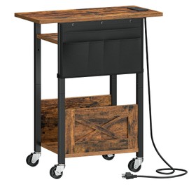 HOOBRO 3-Tier Mobile PC Stand, Adjustable Computer Tower Stand with Power Strip and Lockable Wheels, with Fabric Pocket, PC Holder for Speakers, Printers, Office, Rustic Brown and Black BF37UCJ01