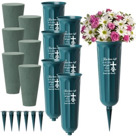 Kritkin 6 Set Spikes Cemetery Vases with Foam Inserts Plastic Vases for Flowers Green Memorial Floral Vases Grave Decorations for Cemetery Grave Flower Holder Cones(Cross)