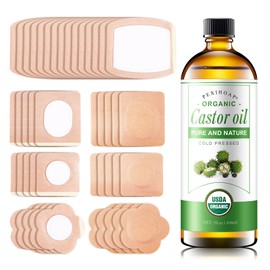 30Pcs Adhesive Castor Oil Patch with 7oz Organic Castor Oil Cold Pressed, Cotton Caster Oil Pack Wrap for Waist Back Neck Arm Belly