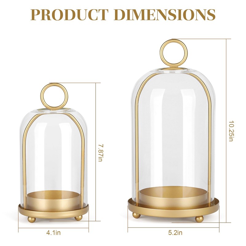 Versatile Metal Candle Holder Set with Handmade Glass Dome,Antique Brass