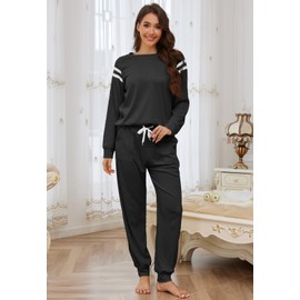YAHESHION Women's Cozy Pajamas Set Outdoor Loungewear Black Casual Wear with Jogger Pants Soft 2 piece Sleepwear with Pockets for women S