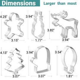 JOB JOL Cookie Cutters 6 PCS, Large Christmas Cookie Cutters, 4'', Gingerbread Man, Christmas Tree, Snowman, Light Bulb, Mitten