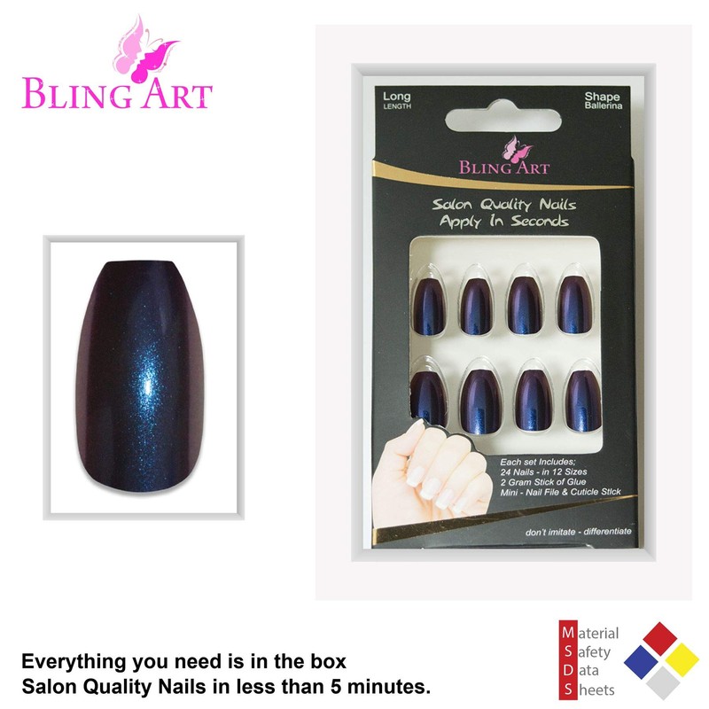 Bling Art False Nails Blue Purple Chameleon Ballerina Coffin 24