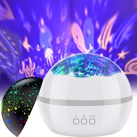 Starry Projector Light Kids Night Light Projector for Kids 360 Rotation with 2 Projection Films Starry Sky Ocean Projector Night Lights 8 Colors Galaxy Projector Light(White)