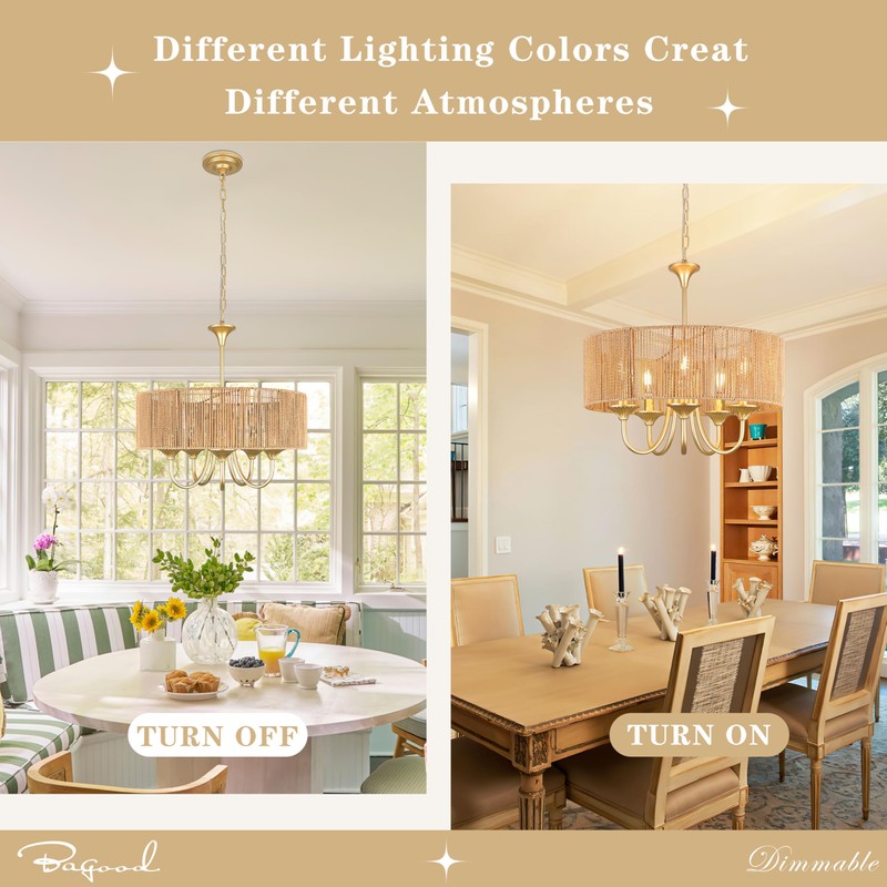 Bagood Gold 5-Light Rattan Light Fixture Rattan Pendant Lights Boho