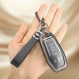 for Ford Key Fob Cover with Keychain, Metal Frame and Leather Key Shell Full Protector Fit for Explorer Mustang Fusion F150 Edge Lincoln MKZ MKC Nautilus, Black