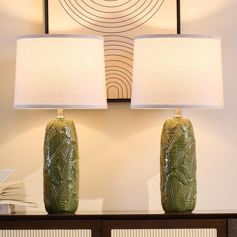 EUO 25” Green Lamps Set of 2 with Leaves Design