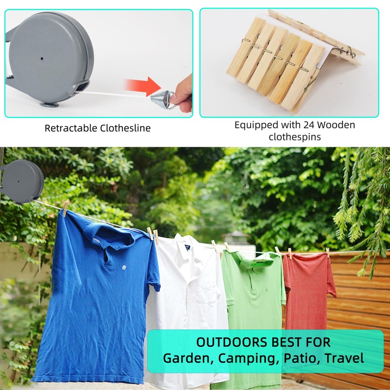 Retractable Clothesline - Heavy Duty Laundry Line with 12 Wood