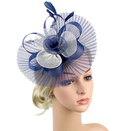 JNGUOSICN Women Fascinator Wedding Hat Flower Mesh Headwear Feather Flapper Bridal Headdress Feather Big Flower Headband Tea Party Hat Big Top Headpiece Hair Clips Race Derby Ascot Headwear Navy