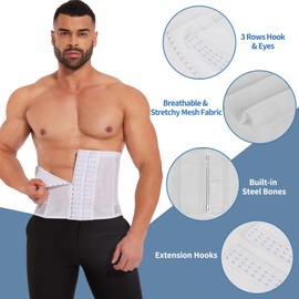 MISS MOLY Waist Trainer for Men Corset with Steel Bones Tummy Control Shapewear Stomach Belt Waist Trimmer Belly Girdle for Fitness Faja Body Shaper with Hooks White L
