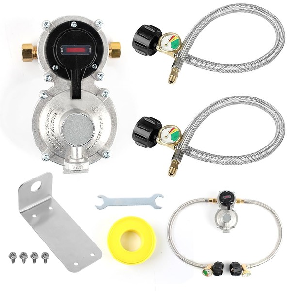 RV Propane Regulator 2 Tank-2-Stage Auto Changeover LP Propane Regulator for RV Includes Gauge and 2X 18 Pigtail Propane Hoses,Ideal for Trailers and Camper RVs (Medium)