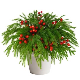 10 PCS 18 Inch Artificial Pine Branches with 4 Red Berry Stems, Christmas Decorations Real Touch Greenery Norfolk Pine Branches, Vintage Faux Tree Branches for Vase DIY Garland Wreath Home Decor