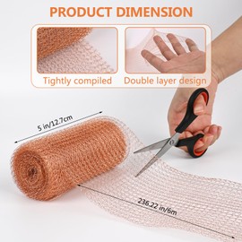 Copper Tape Against Snails, Copper Mesh Roll, Pure Copper Net, with Scissors, Wooden Spatula, Cuttable Copper Mesh for Protection Against Pests, Snails, Mice, Birds and Rodents (6 m x 12.7 mm)