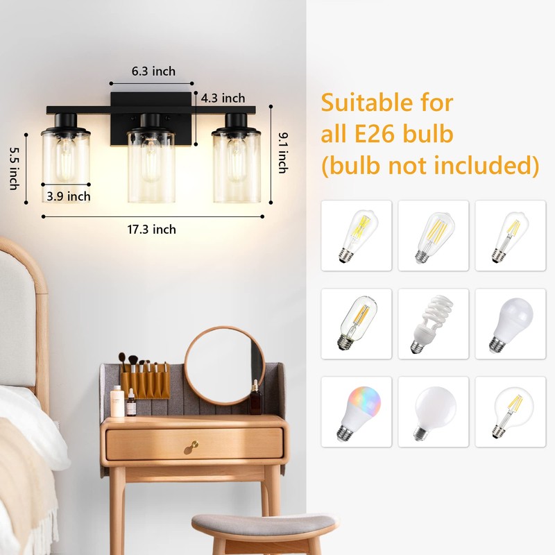 RyaHQ Black Bathroom Vanity Light Fixtures Over Mirror 3-Light Wall