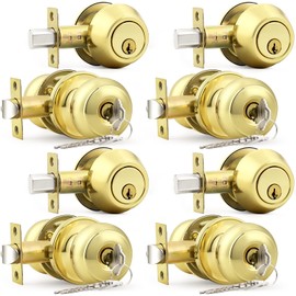 Probrico Polished Brass Keyed Entry Door Knob and Single Cylinder Deadbolt Lock Combo Set, Keyed Alike, Set of 4