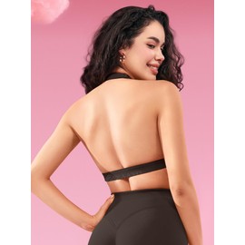 ZAAYO Women's Sports Bra Backless Halter Fitness Bra Sports Bra Padded Push Up Bra Medium Support Fitness Yoga Tops, Cocoa, XL