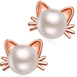 Cat Earrings Freshwater Pearl Earrings 925 Sterling Silver Cat Ear Earrings for Women Rose Gold Color