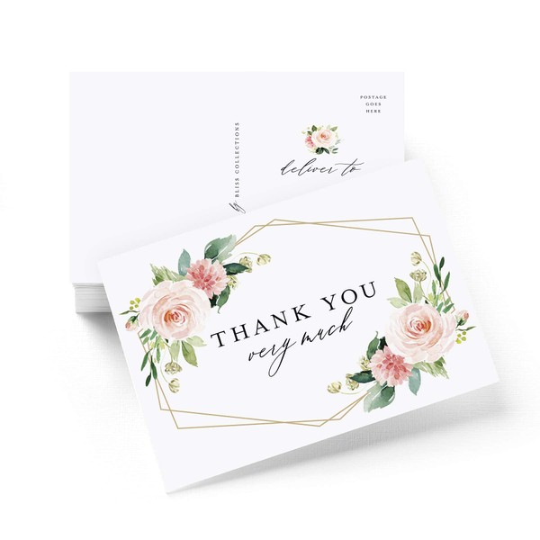 Bliss Collections Thank You Postcards, Geometric Floral, Cards for Weddings, Receptions, Baby or Bridal Showers, Birthdays, Graduations, Parties, Celebrations or Special Events, 4"x6" (50 Cards)