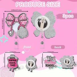 Obookey 3 Pcs Nursing Student Badge Reel, Cute Pink Bow ID Badge Holder with Retractable Clip, Glitter Nursing School Tears Badges Buddy for Nurse School Students Doctor Medical Assistant Gift