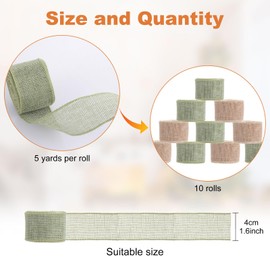 LOPYXBR 10 Roll Natural Ribbon, 4cm Wired Burlap Ribbon, 5m Green and Brown Ribbon for Gift Wrapping, Wide Wreath Ribbon, Large Ribbons for Crafting, Gift Wrapping, Rustic Wedding Decorations